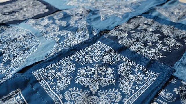 Elegant blue bandana fabric background texture, seamless pattern in classic style