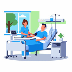 Nurse checking patients blood pressure in hospital bed.