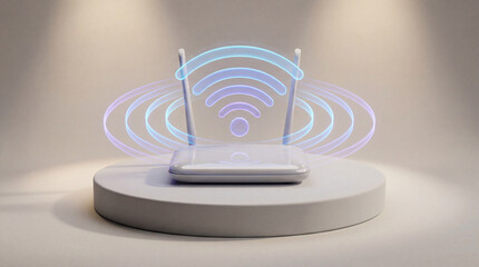 Futuristic Wireless Mesh Router on Podium Emitting Holographic Signal Waves for 6G Connectivity Concept