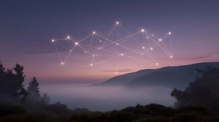 A network of glowing points connects across a misty mountainous landscape during twilight