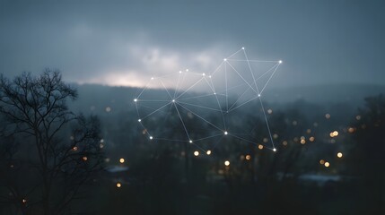 Abstract geometric network overlaid on a foggy twilight landscape with urban lights