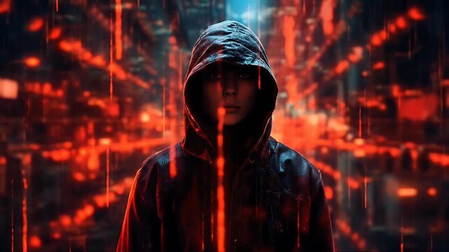 Hooded figure standing in a dimly lit neon-lit cyberpunk environment with red lights