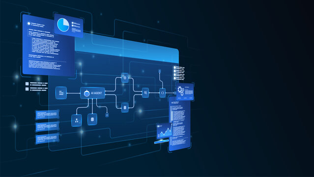 AI workflow automation artificial intelligence. ai agent workflow diagram dashboard machine learning showing node input, processing and database connections, modular automation steps.