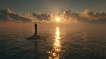Lighthouse on rocky island illuminated by golden sunrise over calm sea