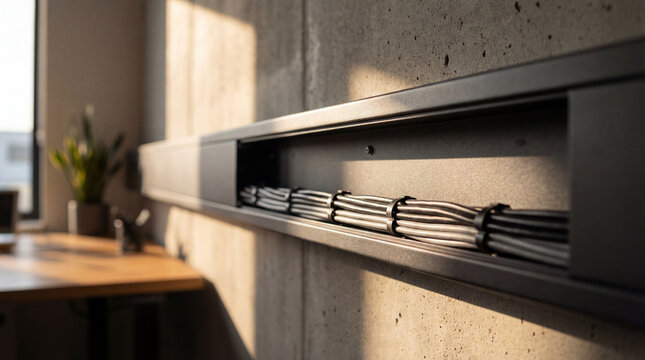 Open Metal Cable Raceway Revealing Neatly Bundled Wires on Industrial Concrete Wall