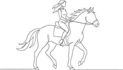 Continuous Line Art Horse Riding: One Line Drawing of Woman Equestrian and Stallion