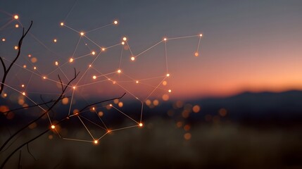 Abstract network of glowing nodes and connecting lines on branches at twilight