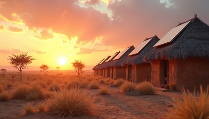 Solar huts with thatched roofs stand in an African savanna at sunset. Eco friendly off grid homes generate power using sun panels. Rural landscape with acacia trees glows in warm light.