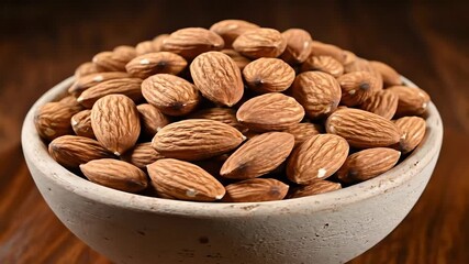 A rustic ceramic bowl overflowing with a generous pile of wholesome raw almonds showcasing their natural texture and rich brown hues perfect for healthy snacking baking or as a nutritious ingredient .