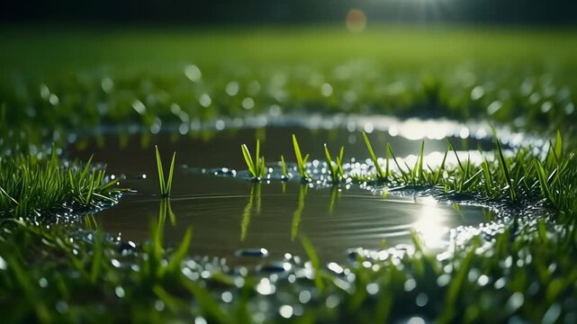 Water ripples in green grass puddle with sun reflection