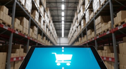 Modern warehouse with high shelves filled with boxes and a digital tablet displaying a shopping cart icon for online retail and logistics management