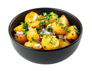 Potatoes, herbs, and onion in dark bowl