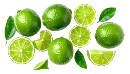 Collection of whole, sliced green limes with leaves on black