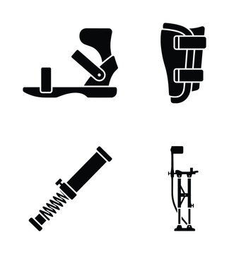 Orthopedic aids: AFO brace, ankle foot orthosis, crutch and walking cast for mobility and recovery support.