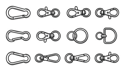 Outline carabiner clip vectors, metal buckles set design collection. Line art metal clip design elements. ©  MVectors