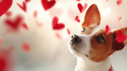 Cute dog and cat in Valentine’s Day theme Adorable dog surrounded by floating heart shapes.