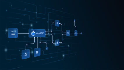 AI workflow automation artificial intelligence. ai agent network diagram connecting node input, processing step, ai model and automation system.
