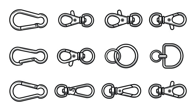 Outline carabiner clip vectors, metal buckles set design collection. Line art metal clip design elements.