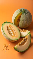 Whole and Sliced Cantaloupe Melon on Orange Surface &ndash; Fresh Fruit with Netted Rind and Juicy Flesh