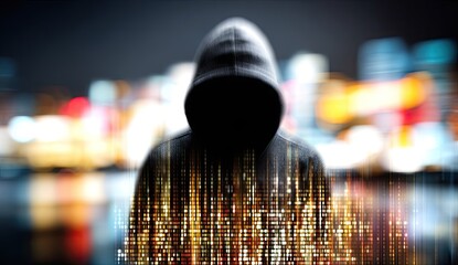 Anonymous figure in hoodie with digital data stream against blurred cityscape