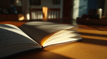 Open notebook on wooden table with sunlight casting soft shadows