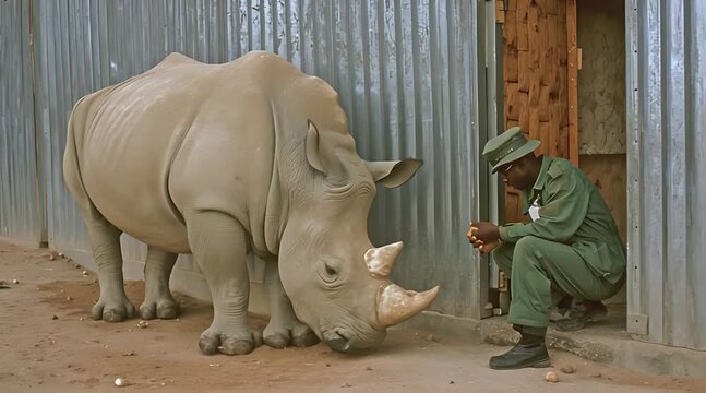 A dedicated zookeeper in uniform sits in a doorway, carefully hand-feeding a large white rhinoceros in an enclosure, showing a bond of trust and care