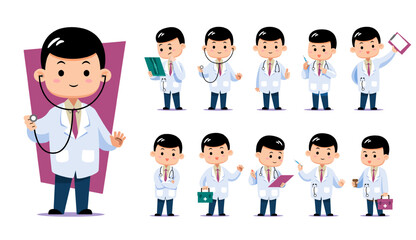 Collection of a cute chibi male doctor character in various professional poses. Perfect for healthcare presentations, medical apps, and educational materials.