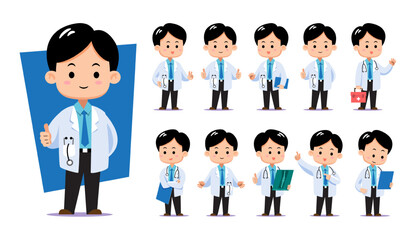 Collection of a cute chibi male doctor character in various professional poses. Perfect for healthcare presentations, medical apps, and educational materials.