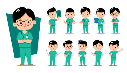 Collection of a cute chibi male surgeon or nurse wearing green medical scrubs and glasses in various professional poses. Perfect for surgery-related content and hospital staff training