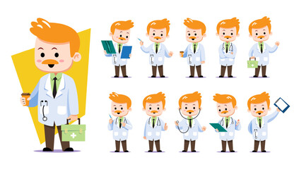 Collection of cute chibi male experienced senior doctor or professor character in various professional poses. Perfect for healthcare presentations, medical apps, and educational materials.