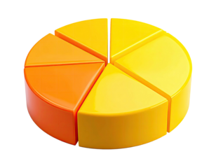 3D pie chart with six sections, gradient yellow/orange