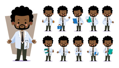 Collection of a cute chibi male african-american doctor character in various professional poses. Perfect for healthcare presentations, medical apps, and educational materials.