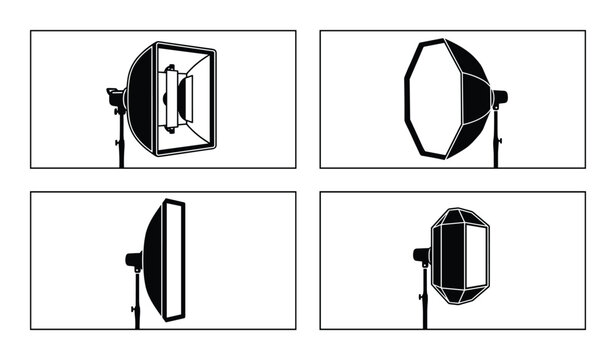 Photography studio light softboxes equipment illustration in black and white drawing for photo studio setup.