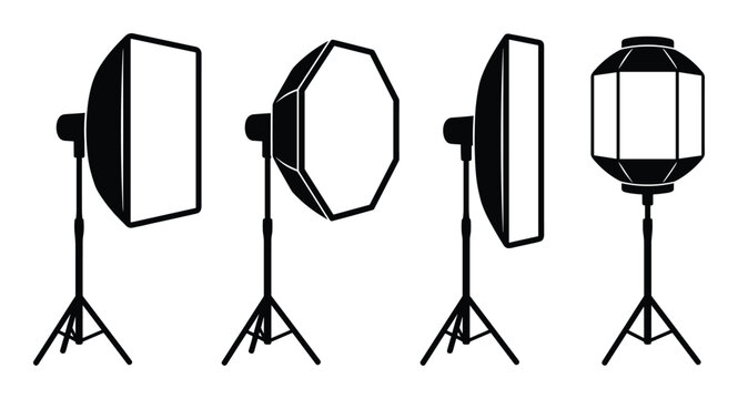 Photography studio lighting setup with softboxes and lantern, silhouettes on stands for photographic studio.