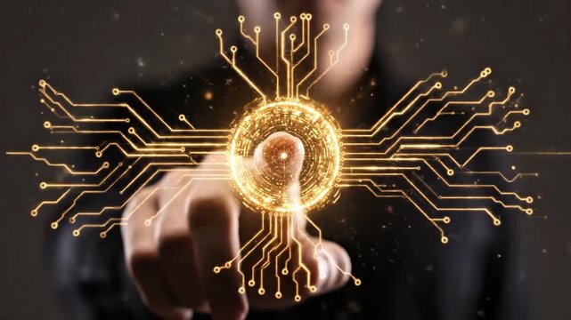 Futuristic hand touching glowing digital circuit interface with glowing neural network connections in dark studio environment showcasing cybersecurity and biometric technology concept