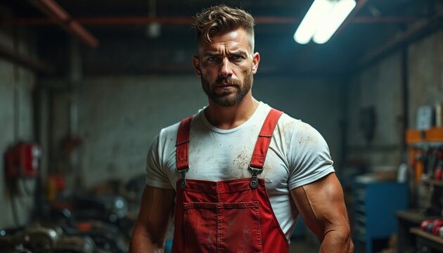 Muscular mechanic with dirty face and clothes stands in auto repair shop. He wears red overalls and a white shirt, looking intensely forward.