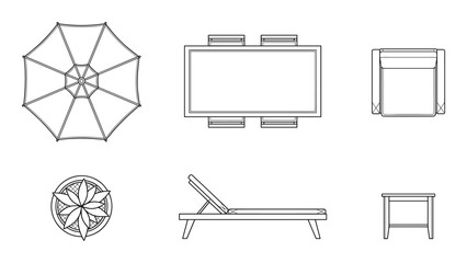 Plan view illustration features patio umbrella, dining set, armchair, sunbed, plant and side table. ©  MVectors