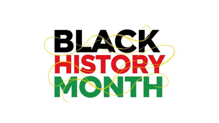 Black history month celebration with colorful text and yellow swirls on white background with diversity and inclusion and social justice and equality