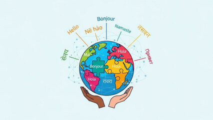 Diverse hands cradling a colorful puzzle globe with greetings in multiple languages for international communication and global connection with multicultural
