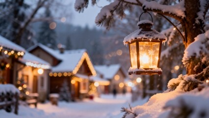 Snowy lantern village scene