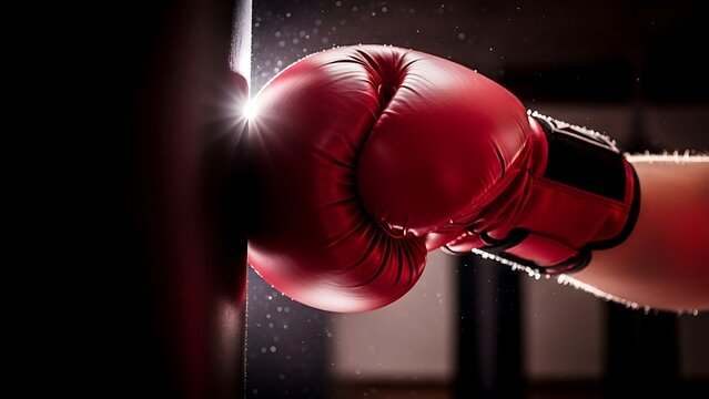 Red boxing glove punching through a black surface with dynamic light effect