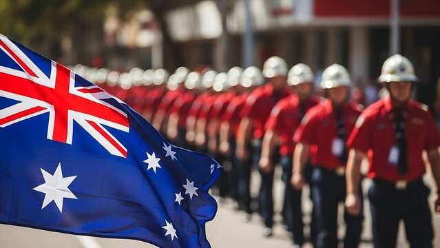Australia day celebrations with firefighters and national flag