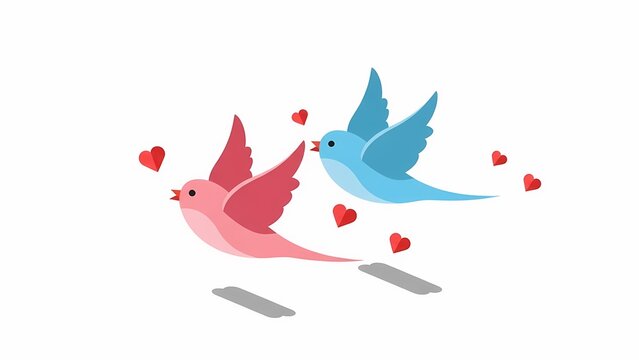 Two birds flying together surrounded by hearts on a white background