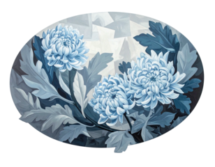 Blue flowers & leaves in oval frame, abstract background
