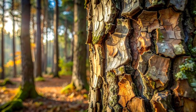 Close-up of Textured Pine Tree Bark in a Sunlit Forest.