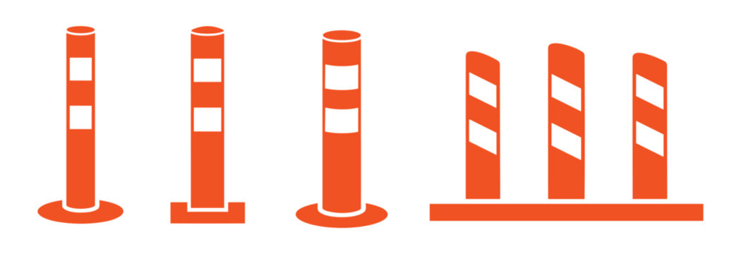 Road safety bollards and delineators in orange color vector set for traffic control and road management.