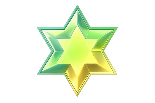 Star of david symbol showcasing shimmering green and gold glossy glass, transparent background, judaism, jewish culture
