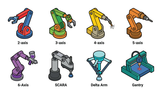 Robotic arm types: 2-axis, 3-axis, 4-axis, 5-axis, 6-axis, SCARA, delta arm, and gantry robot models, automation.