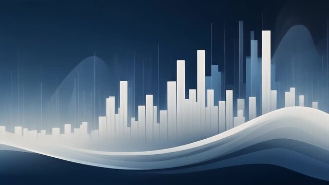 Modern abstract data visualization with dynamic bar graphs and flowing lines, symbolizing business growth, financial analysis, and technology trends on a gradient blue background