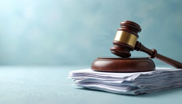 Judge gavel rests on document stack. Court symbol signifies legal dispute resolution for healthcare bills and insurance claims. Justice concept for legal advice and medical costs.